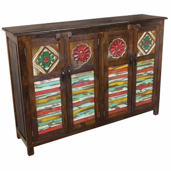 Rustic Wood Sideboard with Multi-Color Carved Floral Doors with Slats