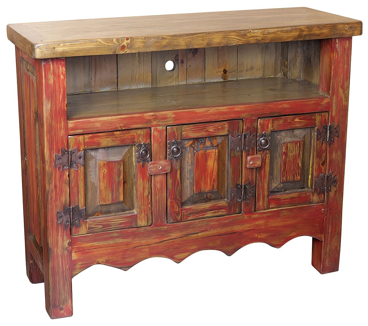Rustic Wood TV Stand Entertainment Credenza - Red