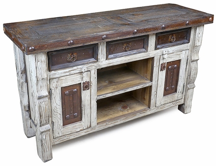 Rustic Wood White Washed Credenza Buffet with Iron Panels