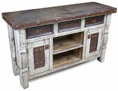 Rustic Wood White Washed Credenza Buffet with Iron Panels