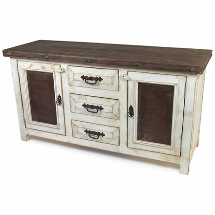 Rustic Wood Whitewashed Sideboard with Tin and Iron