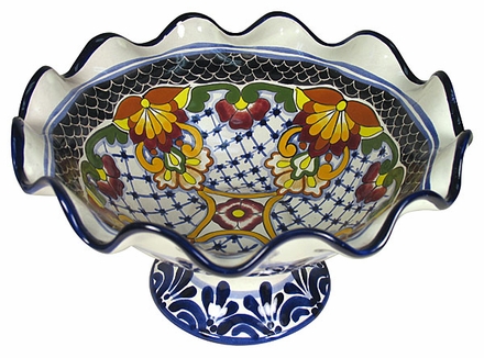 Scalloped Edge Talavera Fruit Bowl with Base - Rosario Pattern