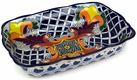 Scalloped Rectangular Talavera Baking Dish - Yellow Cross Pattern