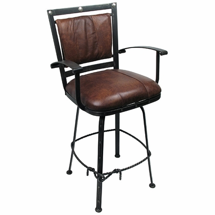 Set of 2 Lariat Wrought Iron Bar Stools - Leather Padded Swivel Seat