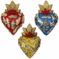 Set of 2 - Mexican Carved Painted Wood Flaming Heart with Milagros - Assorted