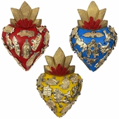 Set of 2 - Mexican Carved Painted Wood Flaming Heart with Milagros - Assorted