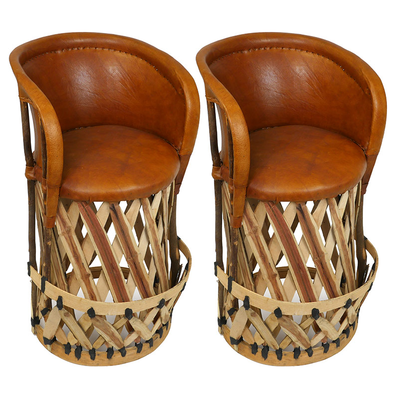Set of 2 Mexican Equipale Bar Stools with Cushioned Seat