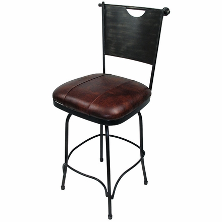 Set of 2 Raymond Wrought Iron Bar Stools - Leather Padded Swivel Seat