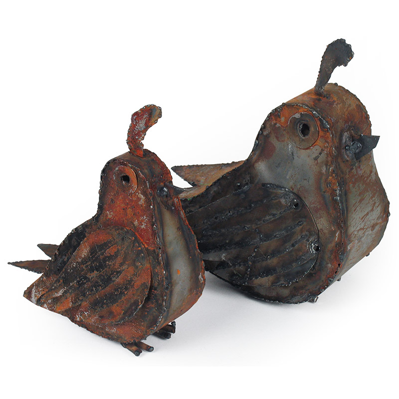 Set of 2 Rustic Metal Quail Garden Art Sculptures