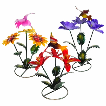 Set of 3 Painted Metal Flowers with Hummingbird