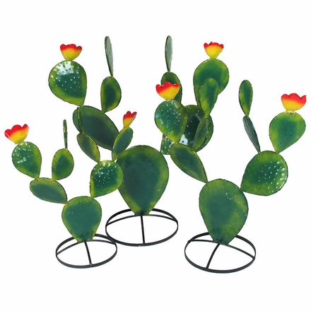Set of 3 Painted Metal Prickly Pear Cactus Sculptures - Green