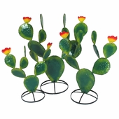 Set of 3 Painted Metal Prickly Pear Cactus Sculptures - Green