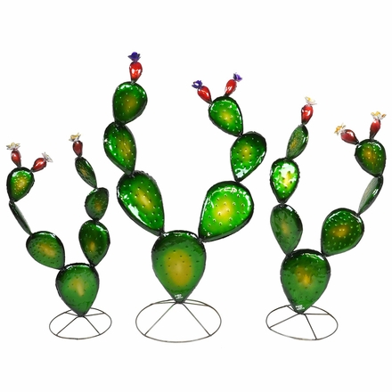 Set of 3 Prickly Pear Cactus Metal Sculptures - Green with Clear Coat