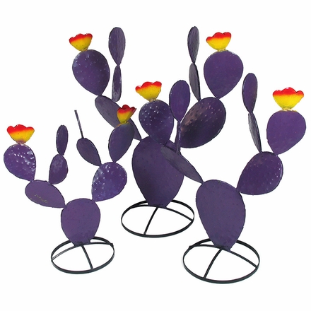 Set of 3 Purple Painted Metal Prickly Pear Cactus Sculptures