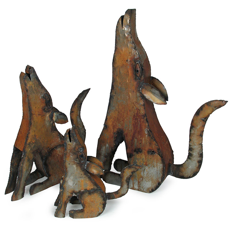 Set of 3 Rustic Metal Coyote Yard Art Sculptures