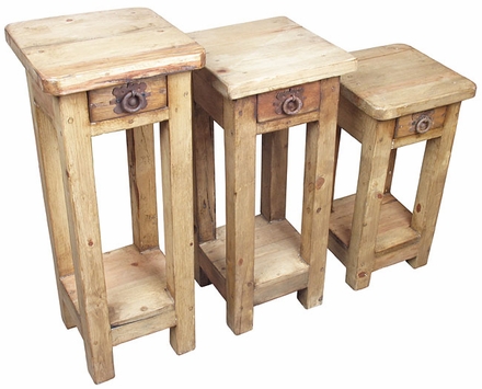Set of 3 Rustic Pine Accent Tables with Drawers