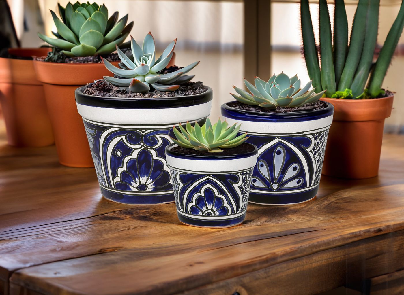 Talavera Blue & White Flower Pots - Set of Three