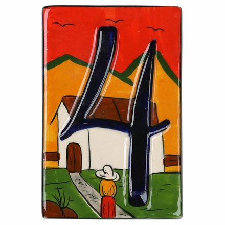 Set of 4 Talavera House Number Tiles - Embossed 3-D Southwest Village