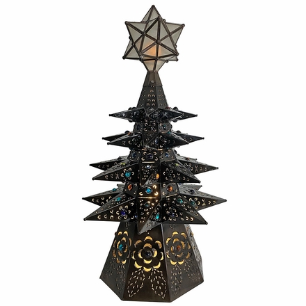 Small Aged Tin Star Lighted Christmas Tree with Marbles