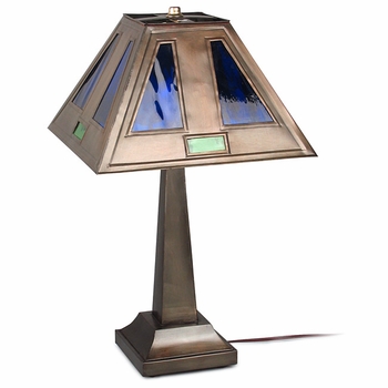 Small Aged Tin Taper Lamp with Inlayed Colored Glass Shade