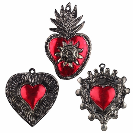 Small Antiqued Tin and Red Oaxacan Heart Ornaments - Set of 6