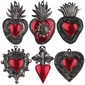 Small Antiqued Tin and Red Oaxacan Heart Ornaments - Set of 6