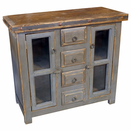 Small Gray Painted Wood Buffet with Glass Panel Doors