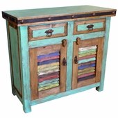 Small Green Painted Wood Buffet with Colorful Slat Doors