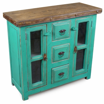 Small Green Painted Wood Buffet with Glass Panel Doors