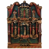 Small Mexican Retablo with Hand Carved Painted Figures