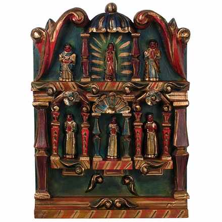 Small Mexican Retablo with Hand Carved Painted Figures