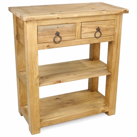 Small Mexican Rustic Pine Sofa Table With 2 Drawers and Double Lower Shelves