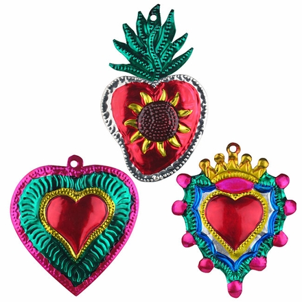 Small Painted Tin Oaxacan Heart Ornaments - Set of 6