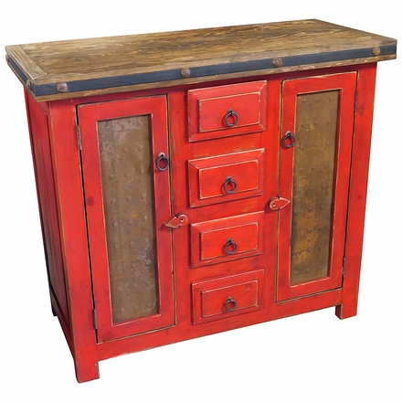 Small Red Painted Wood Buffet with Copper Panel Doors