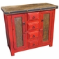 Small Red Painted Wood Buffet with Copper Panel Doors