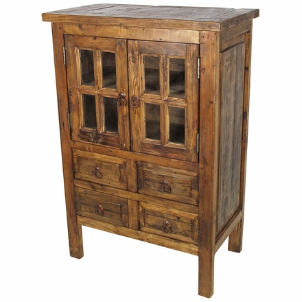 Small Rustic Old Wood Cabinet - 2 Paned Glass Doors and 4 Drawers