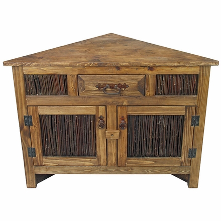 Small Rustic Wood Corner Cabinet with Twig Doors