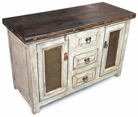 Small Whitewashed Rustic Sideboard with Tin and Iron