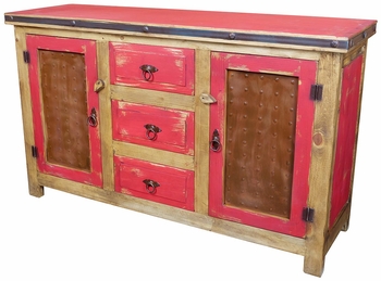 Southwest Red Painted Wood Buffet with Tin Panels
