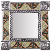 Square Natural Tin & Talavera Tile Mexican Mirror - 13" x 13"