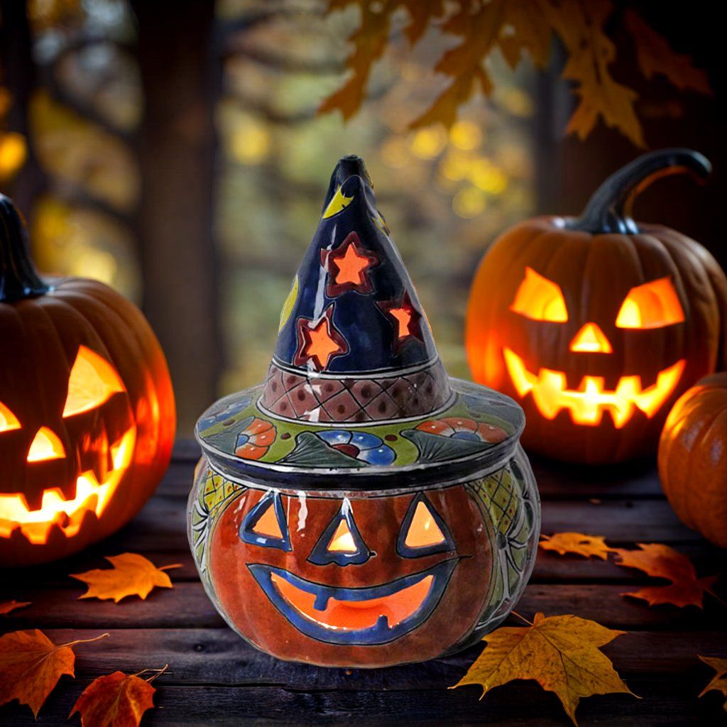 Talavera Jack-O-Lantern Pumpkin with Witch Hat