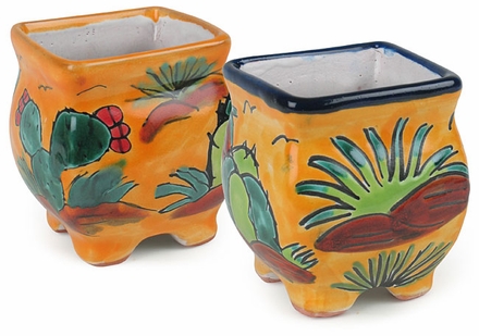 Talavera Mini Square Seed Pot - Cactus Design - Set of 2