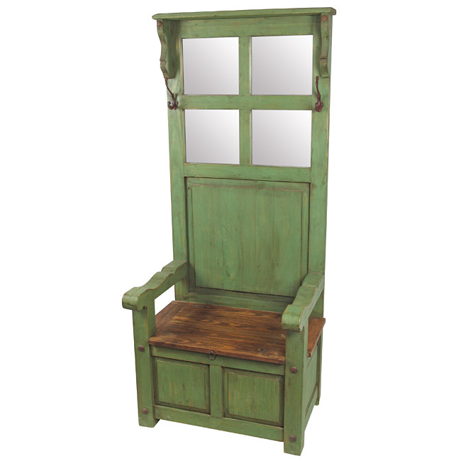 Tall Back Entry Way Throne Chair with Storage, Coat Hooks and Mirror