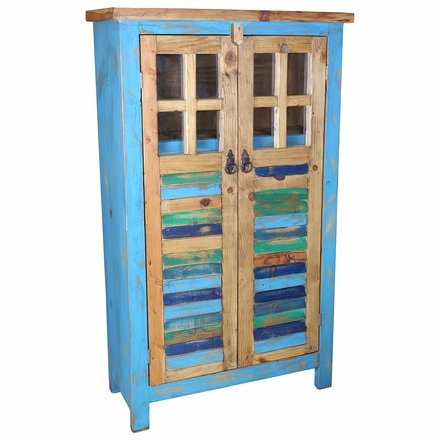 Tall Blue Painted Wood Cabinet with Colorful Slat Doors