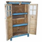 Tall Blue Painted Wood Cabinet with Colorful Slat Doors