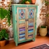 Tall Green Painted Wood Cabinet with Colorful Slat Doors
