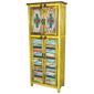 Tall Multi-Color Distressed Rustic Wood Cabinet with Slat Doors and Carved Panels