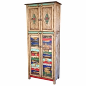 Tall Painted Wood Cabinet with Colorful Slat Doors and Carving