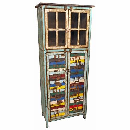Tall Painted Wood Double Cabinet with Glass Window and Colorful Slat Doors