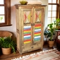 Tall Rustic Wood Cabinet with Colorful Slat Doors